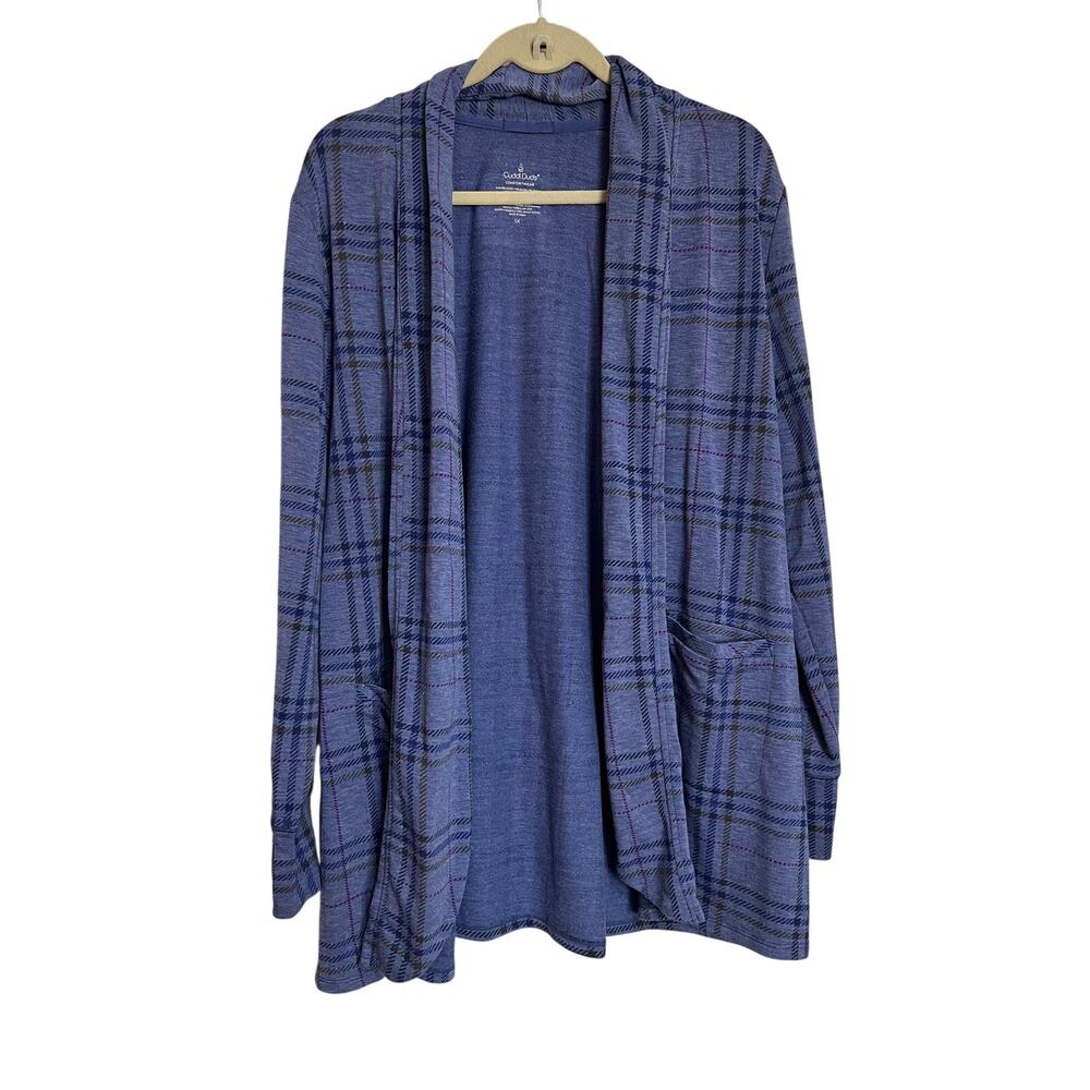 Cuddl Duds Plaid Cardigan 1X Blue Open Front Soft Stretch‎ Lounge Cozy Sweater